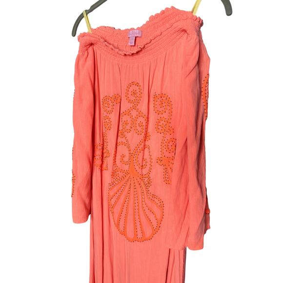 Lilly Pulitzer Nita Maxi Dress Off The Shoulder Guava Melon Beaded Size Small - Picture 6 of 11